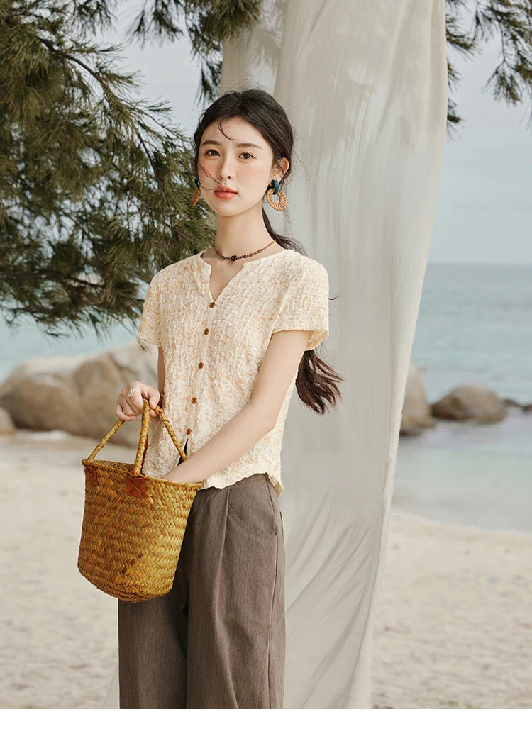 MISHOW Print Casual Summer T-shirts Women 2025 New Short Sleeve V-neck Thin Knitted Shirt Female Fashion Breathable MXE31Z1234