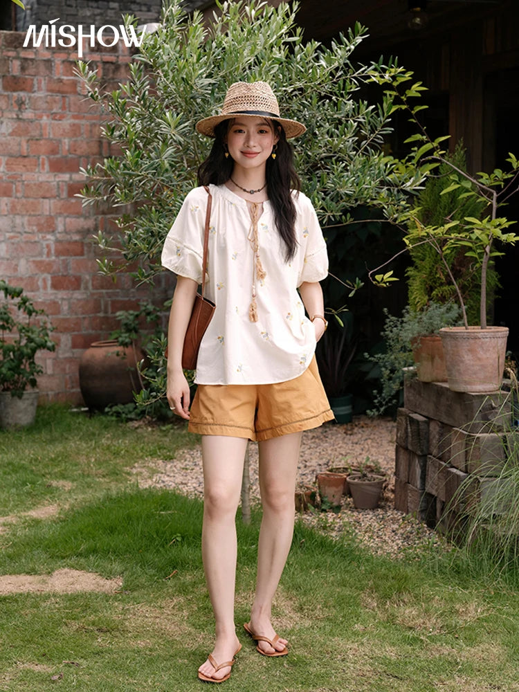 MISHOW Women Two-Piece Set 2025 Summer Puff Sleeve Lace Up Top Hollow Lace Spliced Elastic Waist Shorts Ladies Set MXE38T0684