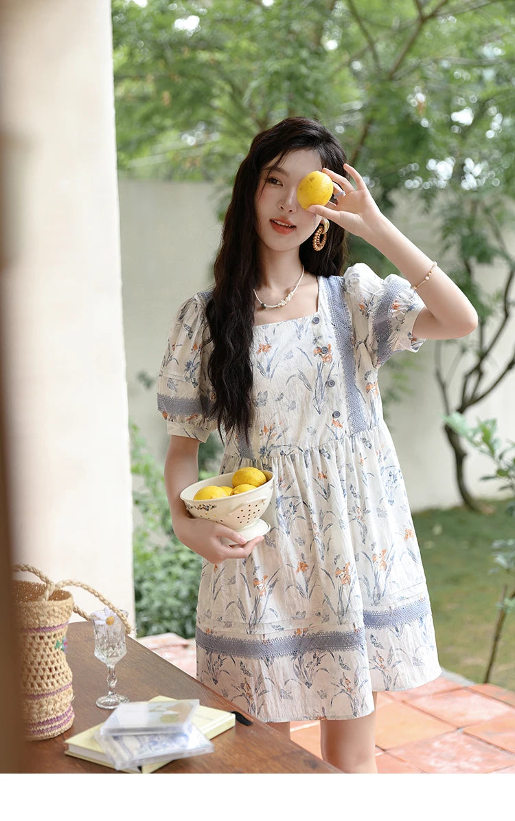 MISHOW Ink Wash Printed Fabric Dress for Women 2025 Summer French Oil Painting Square Neck Splicing Lace Doll Dresses MXD29L1932