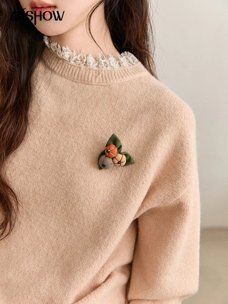 MISHOW Lace Trim Knitted Sweater Midi Skirt Set 2025 Winter Non Removable Brooch Decor Sweater Back Split Skirt Sets MXE92T1450