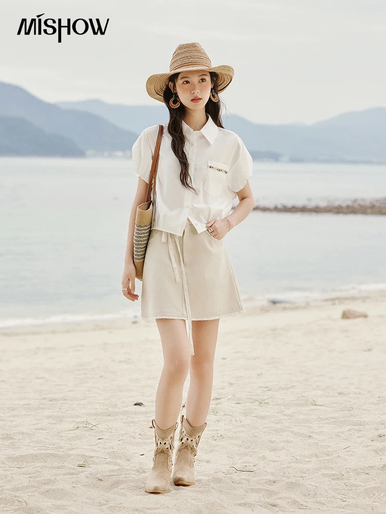 MISHOW Casual Summer Blouses Women 2025 New Short Puff Sleeve Turn Down Collar Shirt Female Fashion Shell Ribbon Tops MXE33C0773