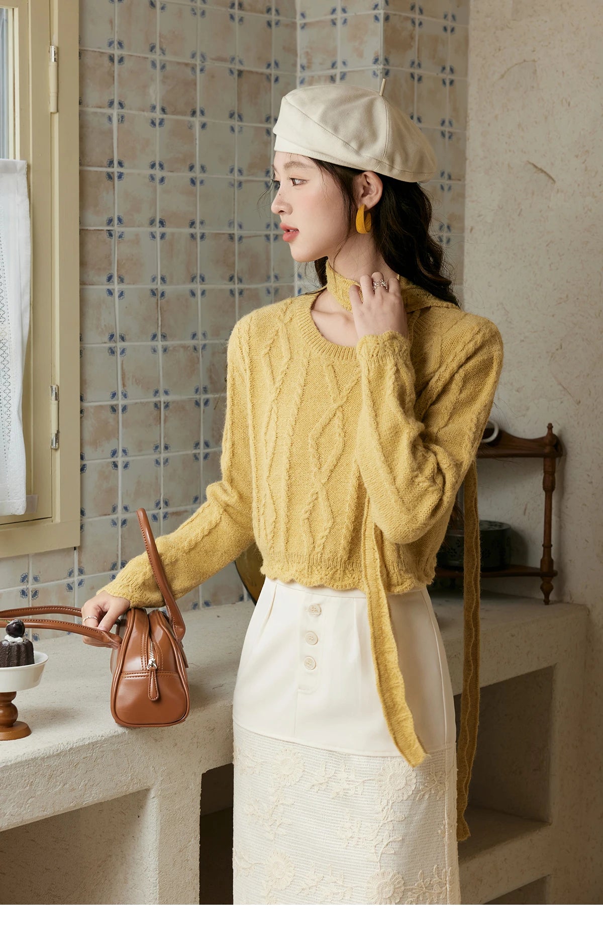 MISHOW Romantic Lace Wave Lace O-neck Knitted Sweater 2024 French Short Top Solid Hollow Elegant Sweater with Belt MPD42Z0736