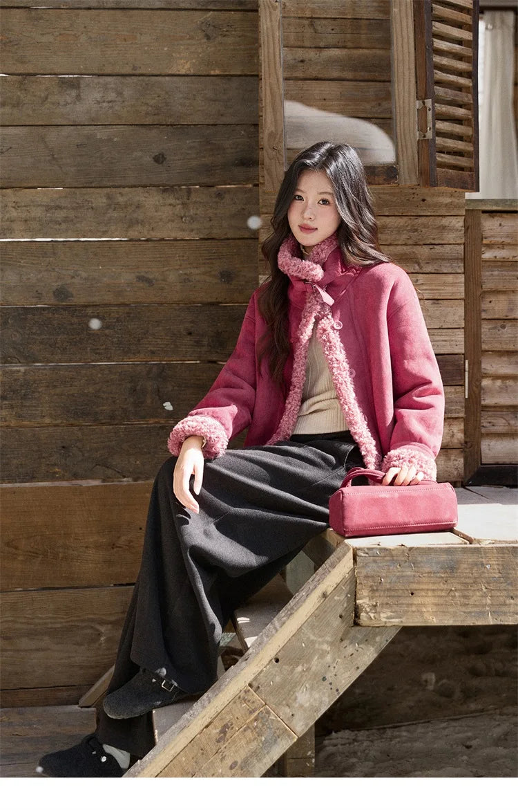 MISHOW Women's Dragon Fruit Red Suede Patchwork Coat 2025 Winter Color Block Stand Collar Thickened Short Outerwear MXE87W0942