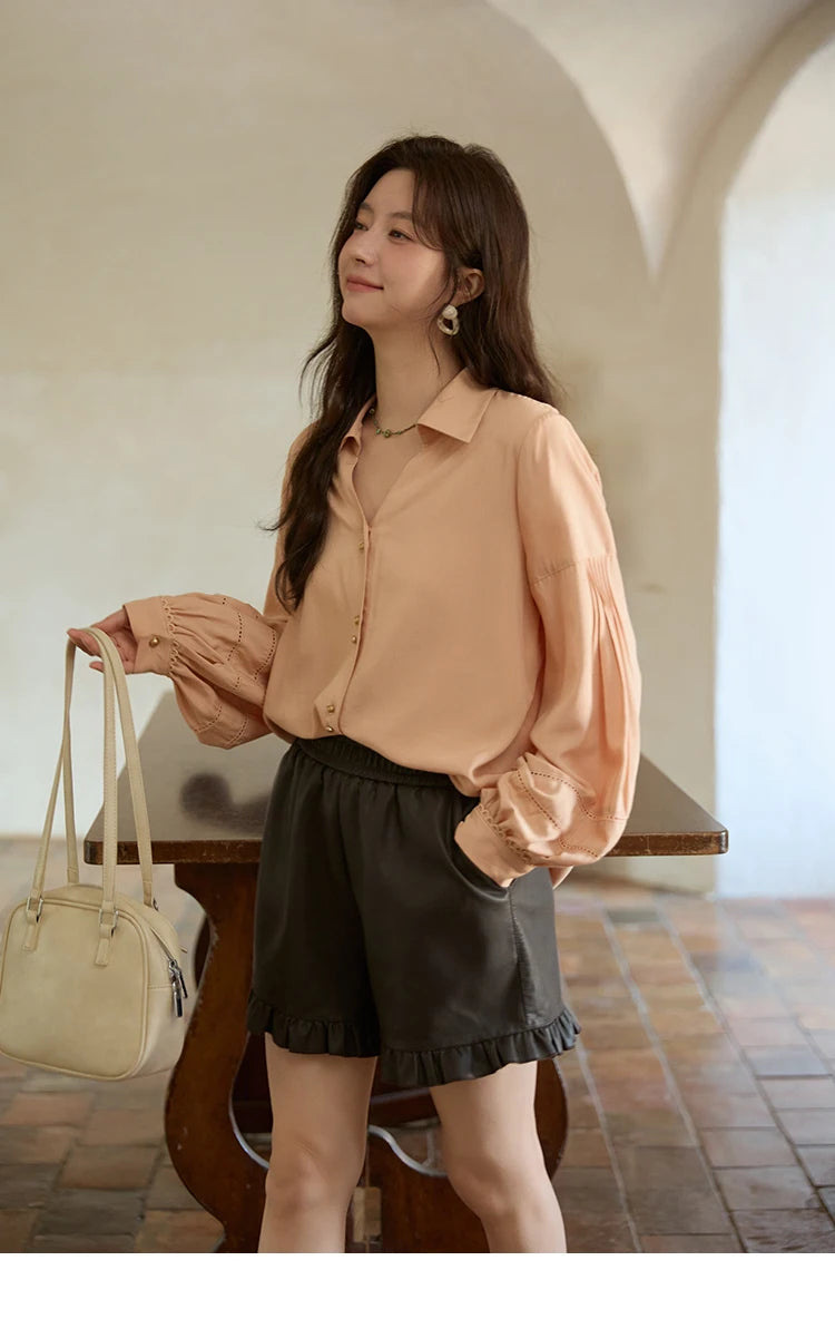 MISHOW Women's Shirt Lantern Sleeve Hollow Out Tops 2025 Autumn Single Breasted Solid Shirts Lapel Shirt Office Lady MXE41C2359