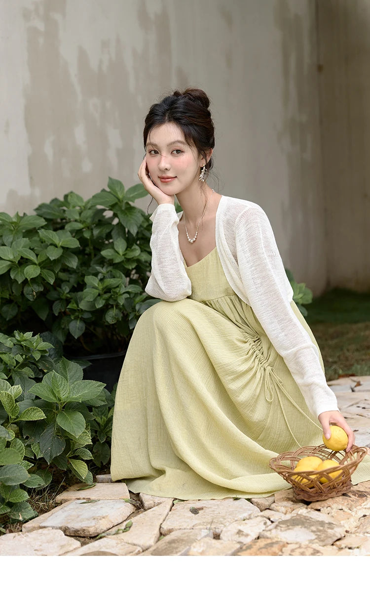 MISHOW Irregular Pleated Suspender Long Dress for Women 2025 Summer Olive Green Dress Loose Drawstring Waist Dresses MXD31L1928