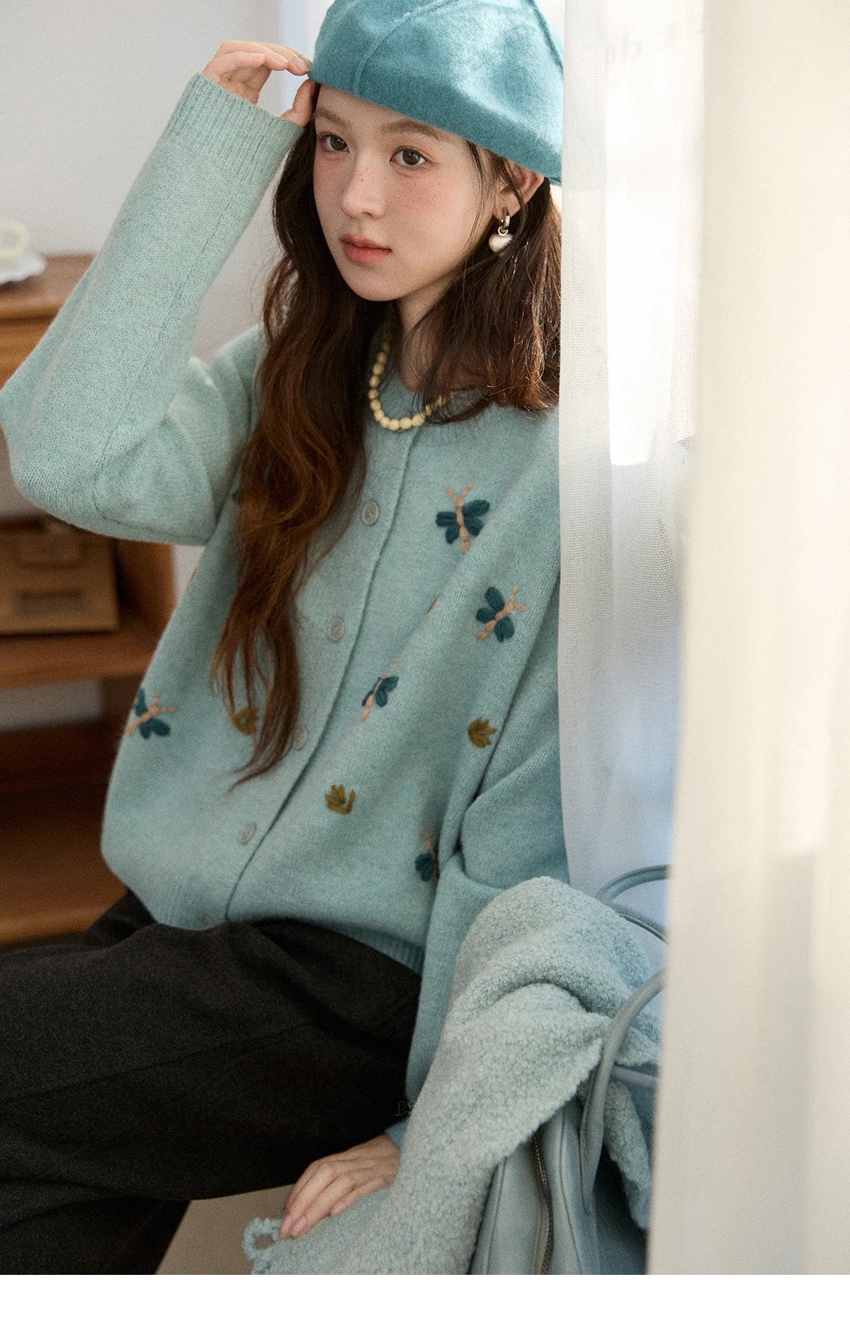Mishow Blue Butterfly Embroidered O-Neck Cardigan MXE90Z2818
