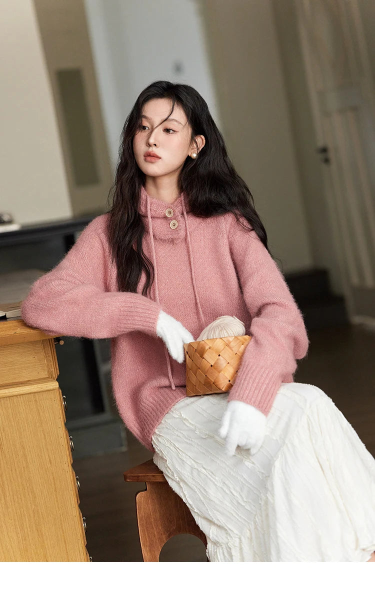 MISHOW Knitted Sweater Hooded Neck Warm Wool for Women 2025 Autumn Winter Cozy Loose-Fit Casual Solid Pullover Top MXD59Z1123
