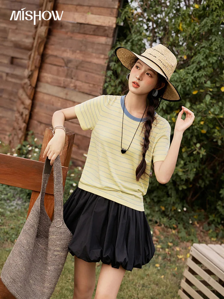 MISHOW Striped Knitted T-shirt for Women Summer 2025 Color Contrasting Round Neck Tees Wool Blended Slim Casual Top MXE35Z1270