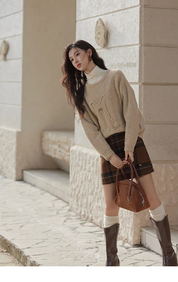 MISHOW Gentle Sweet Sweater Women's 2024 Autumn Winter Cute Emboridery Cartoon Dropped Sleeves Pullovers Sweater Tops MXD54Z0953