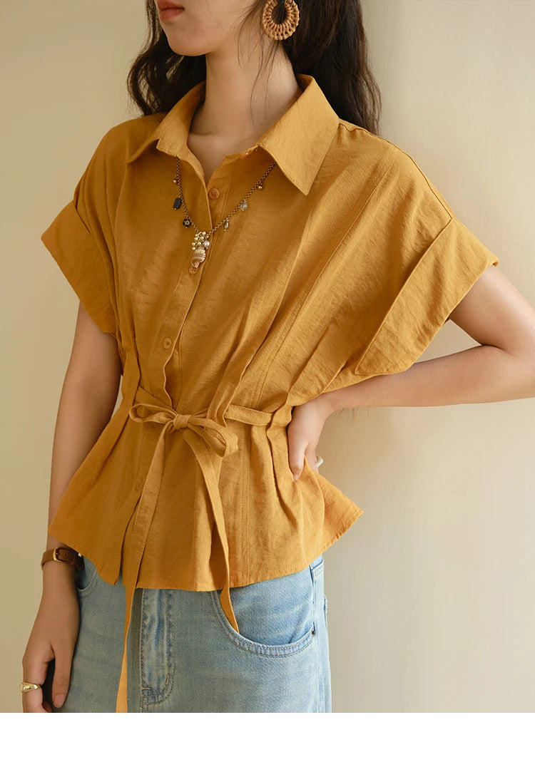 MISHOW Women's Casual Shirt 2025 Summer New Lace Up Button Turn-Down Collar Top Retro Orange Shirt Women's Clothing MXE37C0809