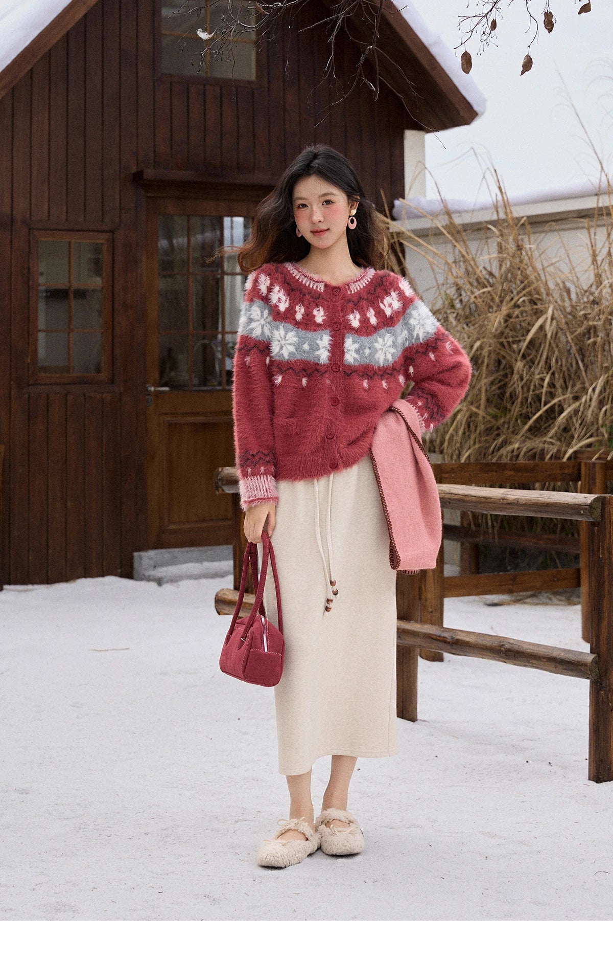 MISHOW Christmas Retro Red Imitation Mink Fur Soft Cardigan 2025 Winter Snowflake Jacquard Sweater Round Neck Tops MXE91Z2801