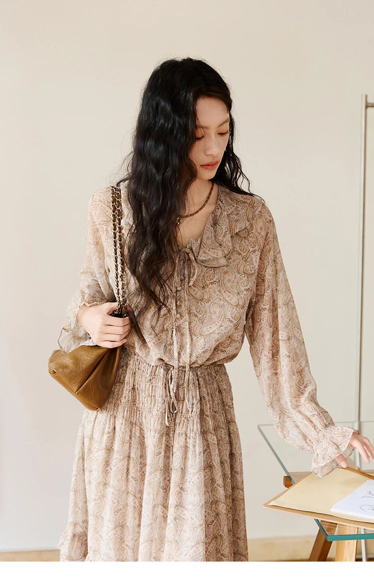 MISHOW Cashew Flower Dress for Woman 2025 Autumn Romantic Style Printed Dress Long Sleeve Ruffled Tie Waist Dress MXE46L2520