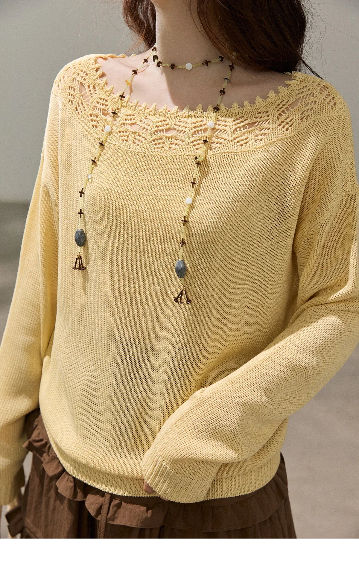 MISHOW Women's Hollowed Out Lace Trim Knit Tops 2026 Spring Boat Neck Long Sleeve Knitwear Casual Soft Yellow Sweater MXF15Z3050