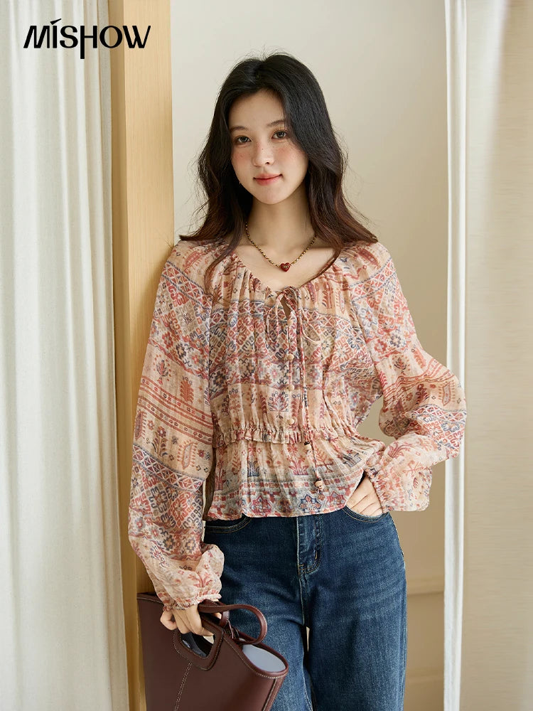 MISHOW Blouse Women 2025 National Style Printed Waist Round Neck Long-sleeved Top Commute Comfortable Autumn Blouse MXE47X2508