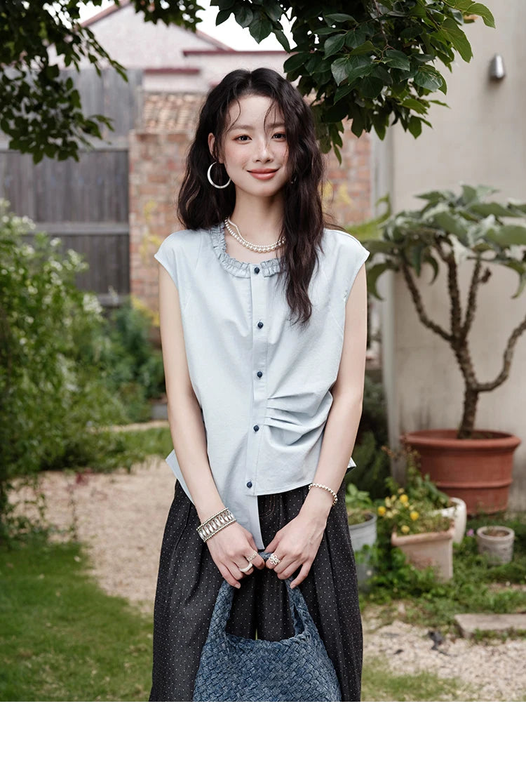 MISHOW Women's Casual Round Neck Shirt 2025 Summer New Office Lady Slim Shirt Sleeveless Button Top Female Clothing MXE38X1864