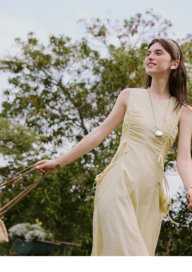 MISHOW Office Lady Summer Dress Women New 2025 Sleeveless Round Neck Drawstring Waist with Pockets Slim Dresses Woman MXE34L2228