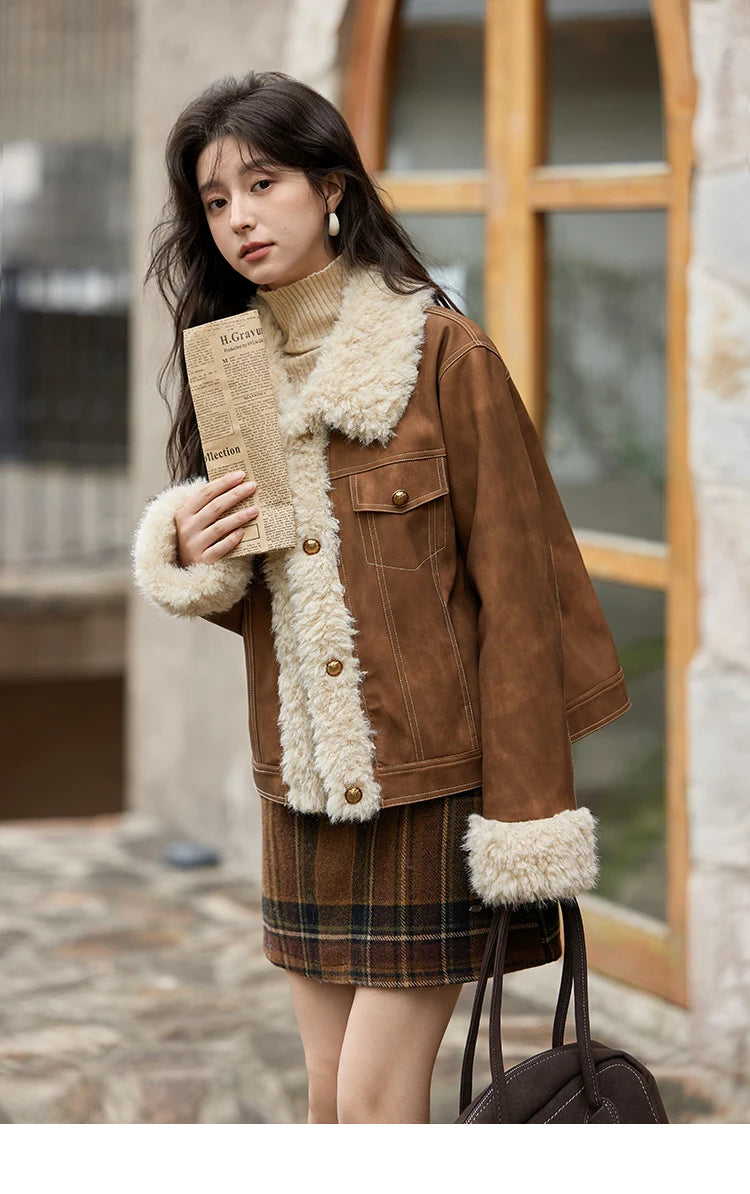 MISHOW Leather Fur Jacket Women Lamb Wool 2024 Winter Women Coat Fashion Soft Cotton Clip Thickened Spliced Jacket MXD56W0538