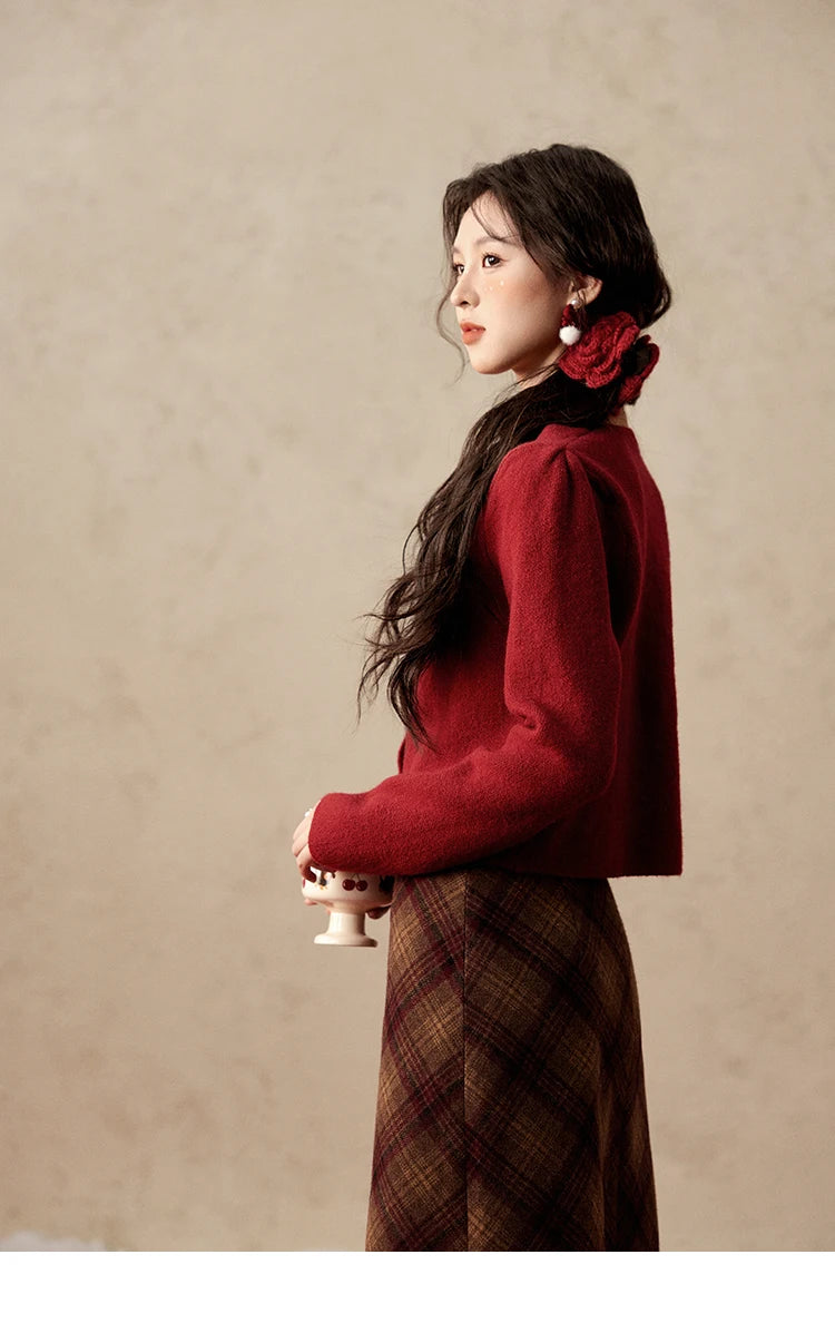 MISHOW Red Knitted Short Cardigan Women Autumn Winter New Cherry Ornaments Sweet Slim Fit V-neck Long Sleeve Tops MXD112Z1006