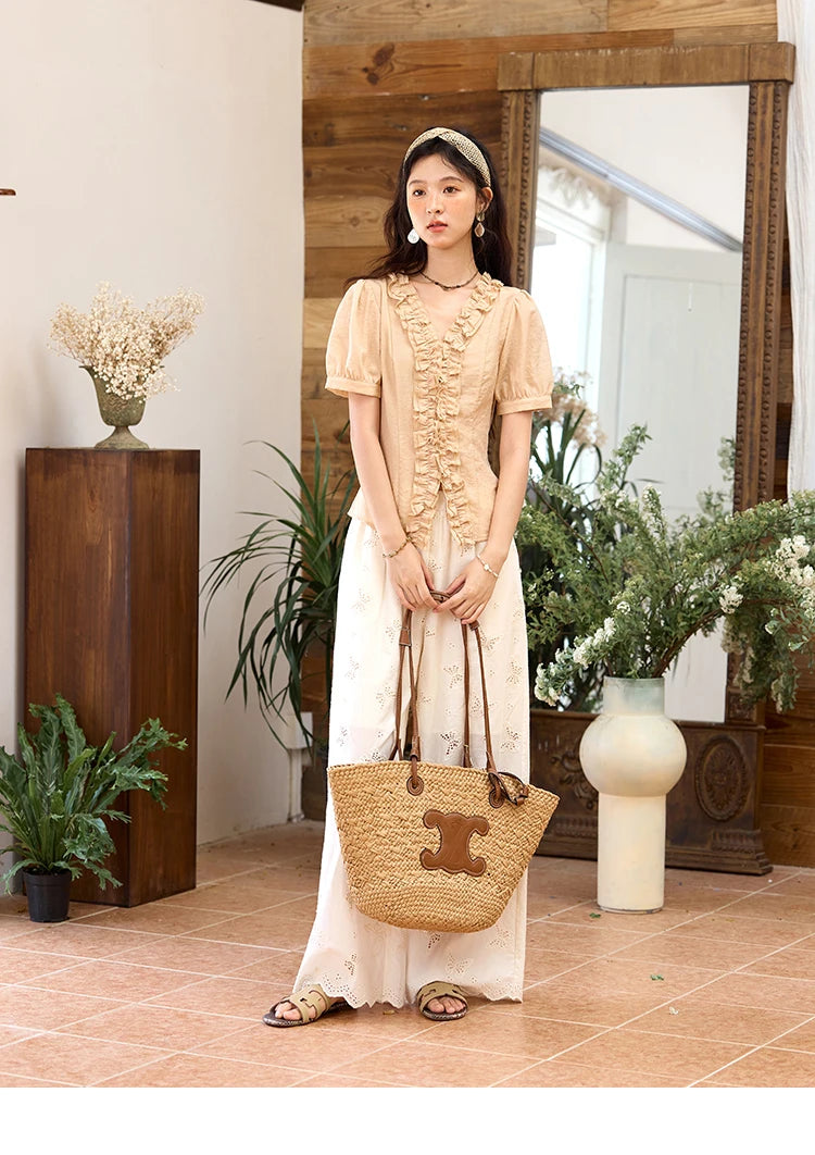 MISHOW V-Neck Blouse Puff Sleeve Fungus Edge Slim MXE35X1841