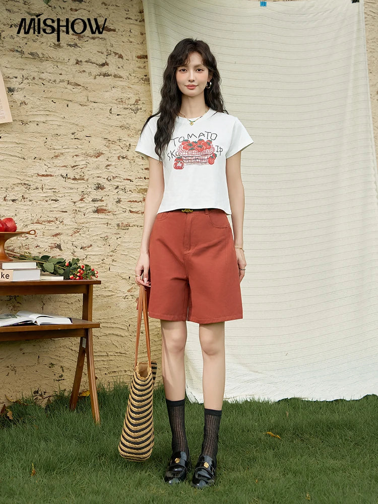 MISHOW Red Casual Shorts for Women 2024 Summer Korean Symmetrical Pocket High Waist Loose Straight Leg Short Pants MXD25K0679
