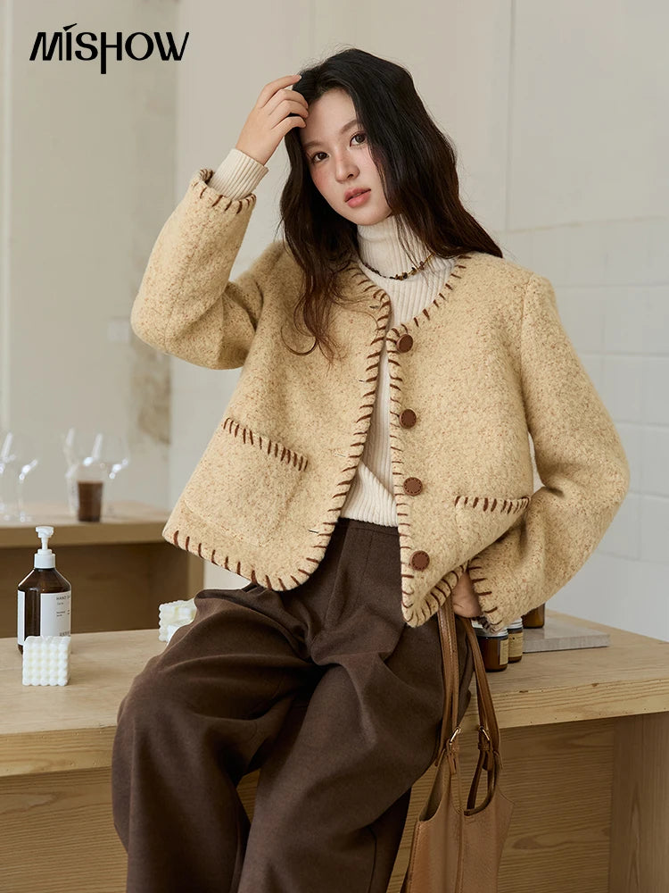 MISHOW Women Winter Jacket 2025 Fashion New Apricot Round Neck Single-breasted Wool Coat Elegant Commuting Short Coat MXE88W0885