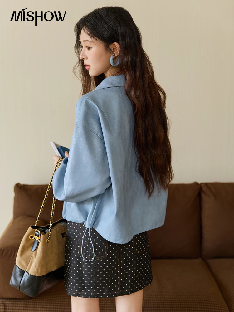 MISHOW Women's Blue Short Jacket 2025 Autumn Hip-hop Style Loose Zipper Coat Commute Pu Leather Lapel Fashion Jackets MXE45W0822