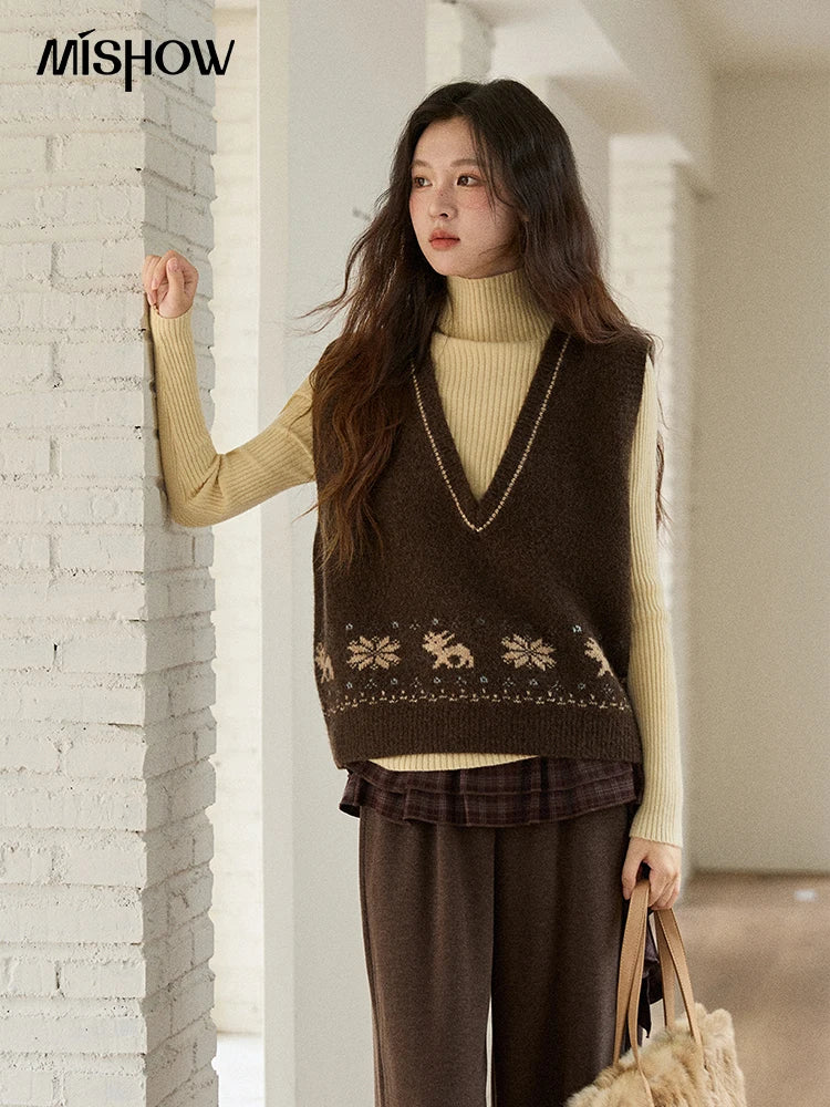 MISHOW Woman Sweater Vest 2025 Winter Retro Brown Jacquard V-neck Knitted Vest Loose Commute Versatile Pullover MXE86Z2659