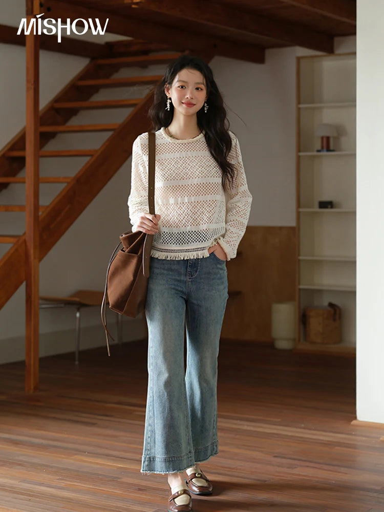 MISHOW Bohemian Lace Hollow Top for Women 2025 Autumn Hem Tassel Lace Breathable Top Beige White Casual Knitted Tops MXE41X2466