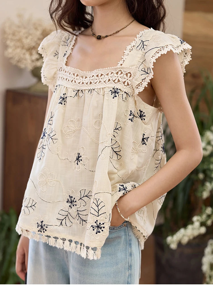 MISHOW Square Collar Embroidered Doll Blouses for Women Summer 2025 Flying Sleeve Patchwork Lace Tassels Retro Tops MXE35X1839