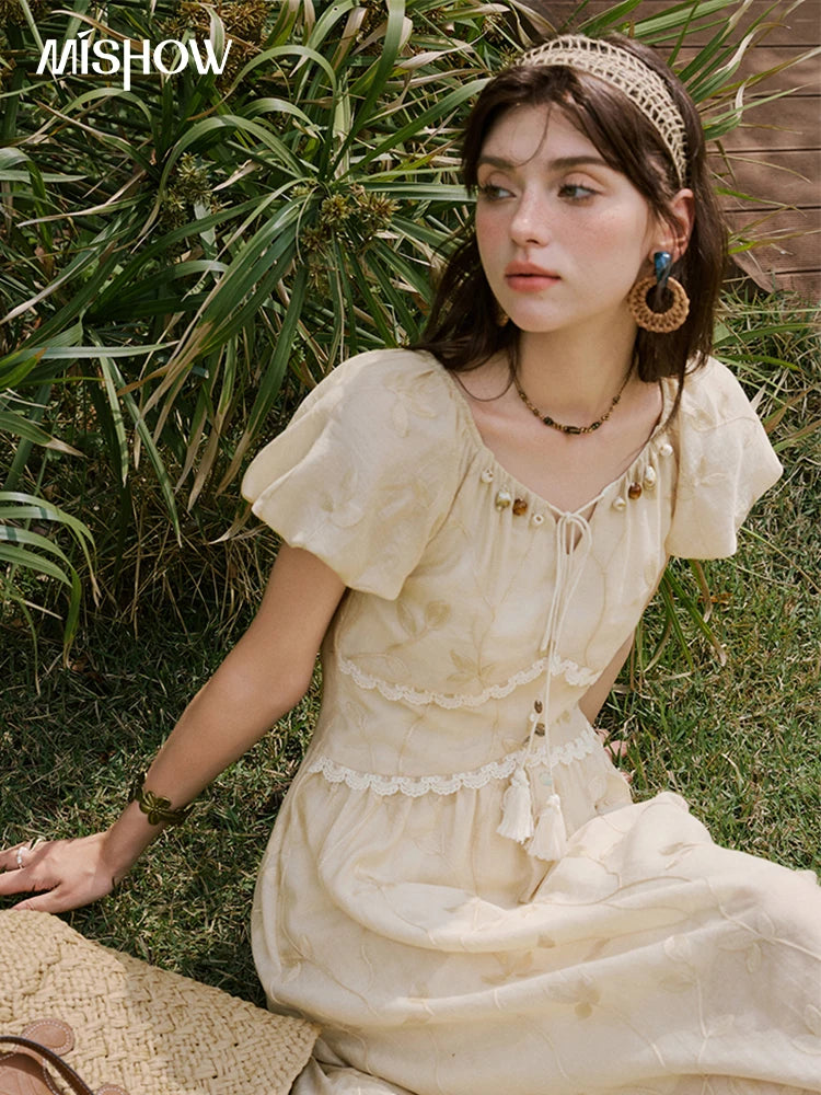 MISHOW Print Office Lady Dress Women Summer 2025 Short Sleeve Round Neck Beaded Neckline Slim Waist Dresses Female MXE33L2208