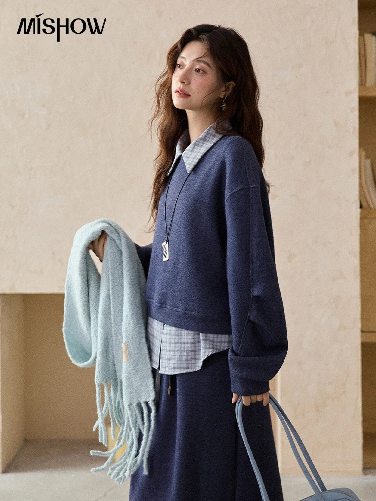 MISHOW Blue Plaid Sweatshirt Suit Women's 2025 Winter Fashion Turn-down Collar Knitted Top Straight Skirt Woman Sets MXE87T1445