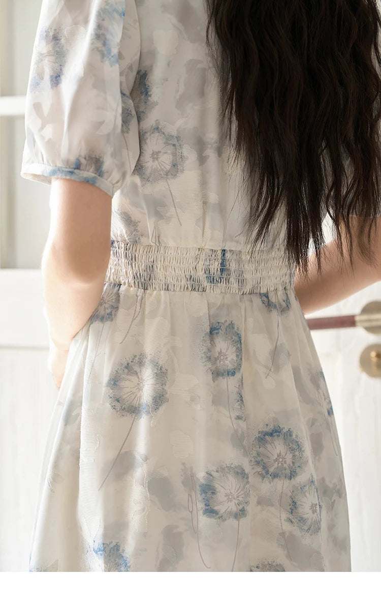 MISHOW 【Taraxacum Series】Chiffon Dress for Women 2023 Summer French Taraxacum Printing V-neck Waist Puff Sleeve Dress MXC39L1555