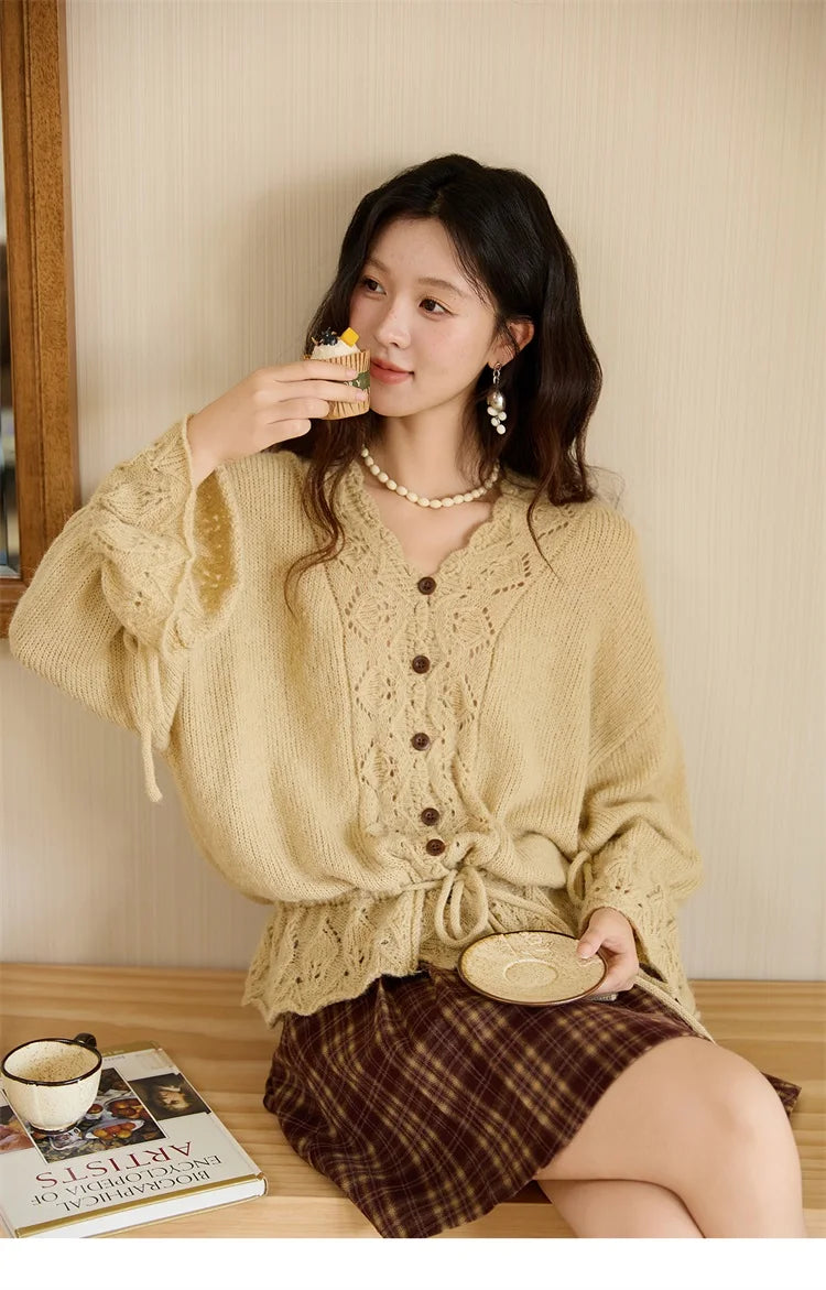 MISHOW Elegant Cardigan Women 2025 Autumn Design Hollow Knit Sweater V-neck Flared Sleeves Loose Casual Sweater MXE47Z2513