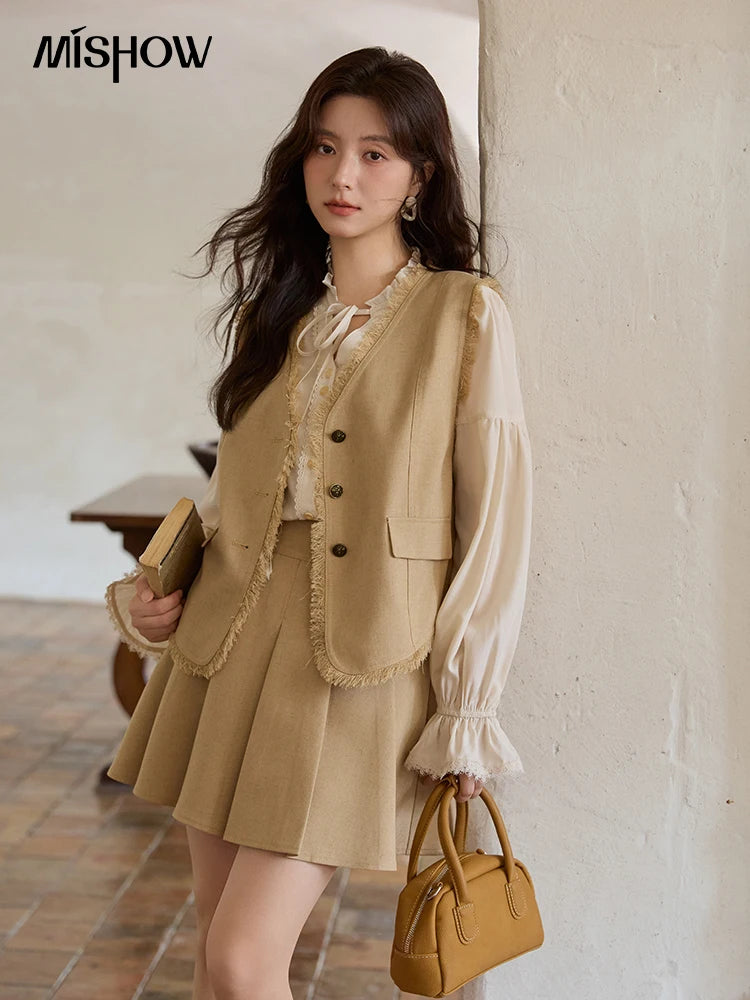 MISHOW Khaki Rough Selvedge Vest Coat Pleated Skirt Two-piece Set 2025 Autumn Women Linen Blend Retro Set Office Lady MXE41T0690