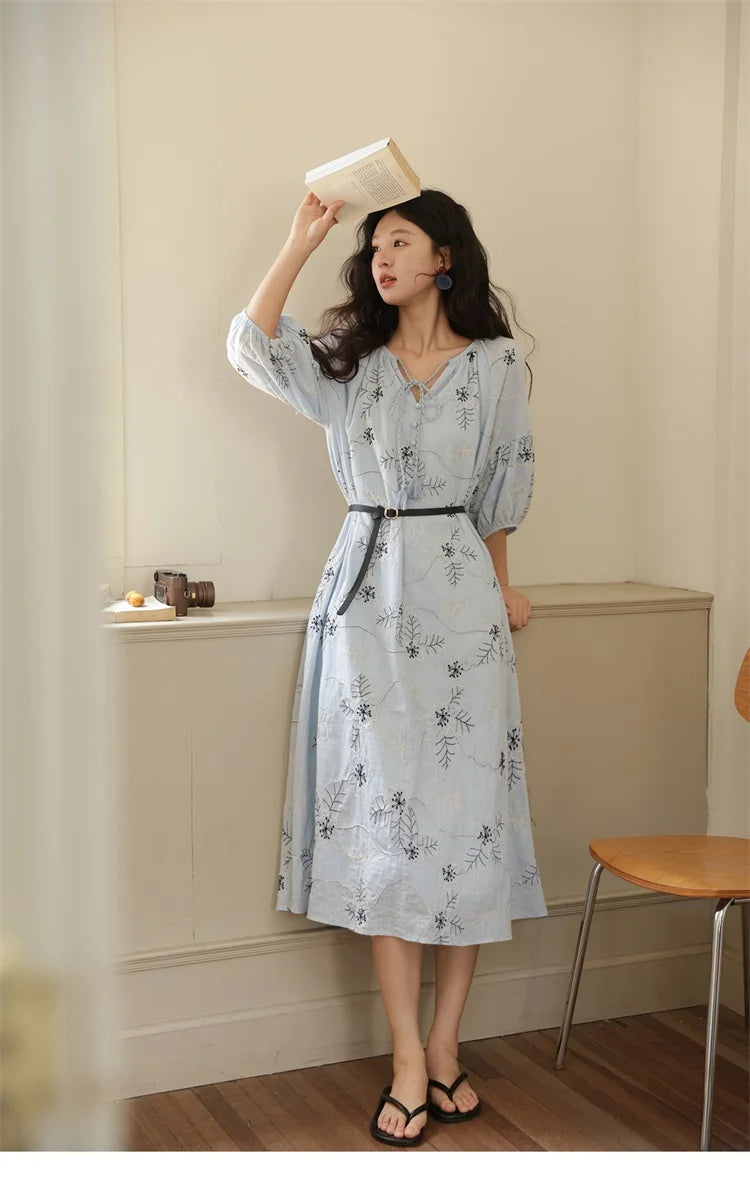 MISHOW Blue Flower Embroidered Dress 2025 Autumn Seven Cent Lantern Sleeve Tassel Tie Rope V-neck Dresses with Belt MXE42L2493