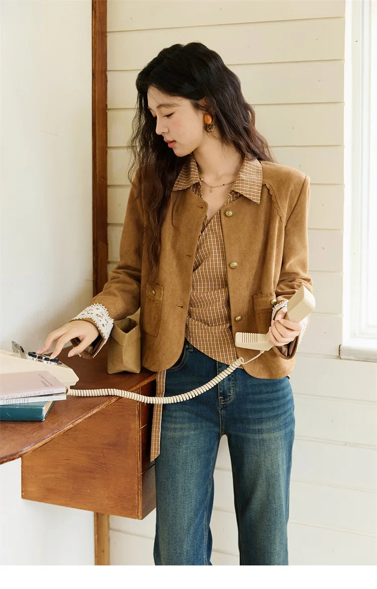 MISHOW Fragrant Suede Jacket for Women Autumn 2025 Cuffs Hollowed Out Lace Short Coats O-neck Metal Button Jackets MXE46W0839