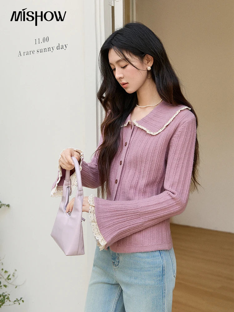 MISHOW Women's Lilac Flare Sleeve Knitted Cardigan 2026 Spring Peter Pan Collar Lace Trim Long Sleeve Slim Casual Top MXF11Z2994