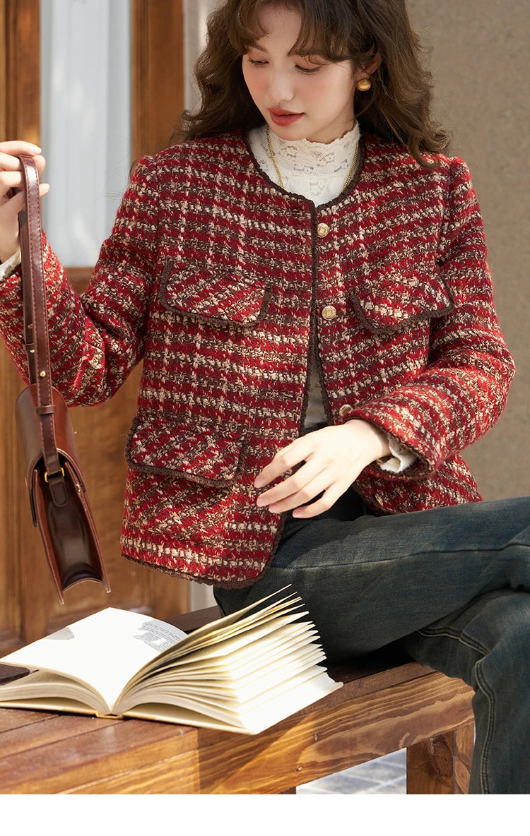 MISHOW Tweed Jacket for Women Luxury 2025 Winter Wool Blend Thick Coat High Quality Fashion Crew Neck Outerwear Top MXC57Y0021