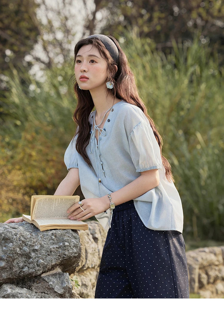 MISHOW French Summer Blouses Women Solid Short Puff Sleeve V-neck Lace-up Design Shirts Female Fashion Straight Tops MXE33X1743