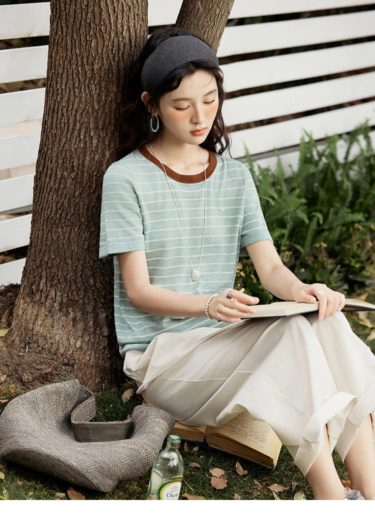 MISHOW Striped Knitted T-shirt for Women Summer 2025 Color Contrasting Round Neck Tees Wool Blended Slim Casual Top MXE35Z1270