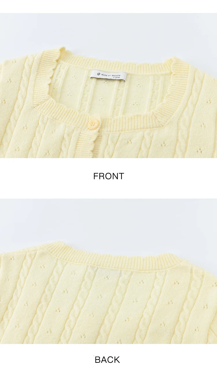 MISHOW Women's Beige Cable Knit Cardigan 2026 Spring Square Neck Long Sleeve Slim Casual Knitwear with Flower Ribbon MXF11Z2903