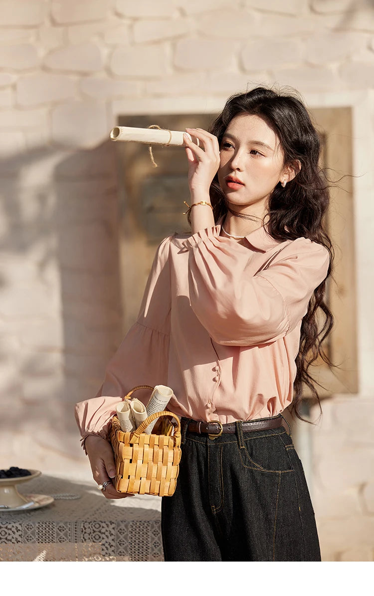 MISHOW French Polo Neck Long Sleeve Shirt Women's Spring Summer 2025 Elegant Sweet Cute Casual Tops Solid Shirts MXE11C0388