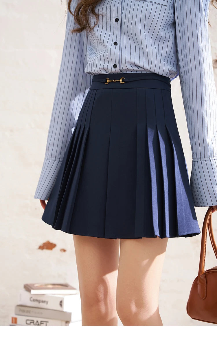 MISHOW Dark Blue Pleated Skirt 2024 Spring Fashionable Preppy Style Solid High Waist Metal Buckle Sweet A-line Skirts MXD12B0224