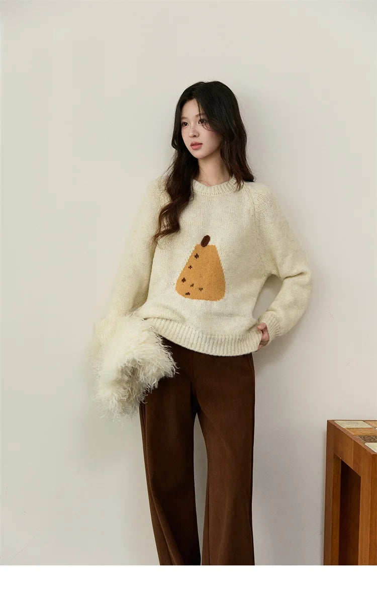 MISHOW Pear Pattern Jacquard Knitted Sweater Autumn Winter Crew Neck Loose Sweaters Wool Blend Warm Pullover Tops MXE94Z2959