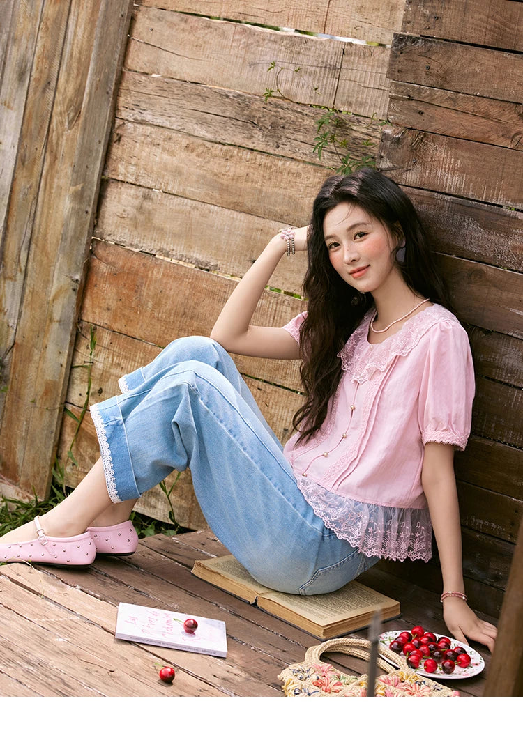 MISHOW Women's Pink Spliced Lace Round Neck Blouses 2025 Summer Lace Hem Sweet Blouse Single Row Metal Buttons Top MXE32X1768