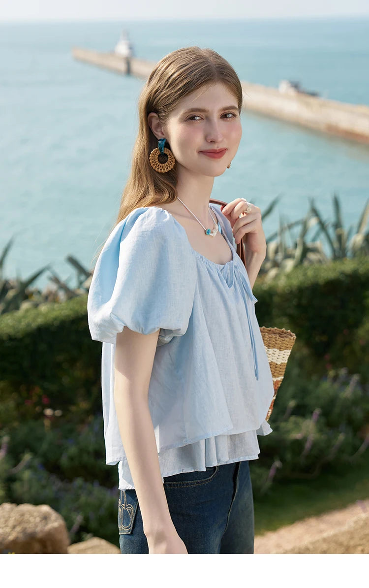 MISHOW French Square Neck Tied Lantern Sleeve Blouses 2025 Summer Double Layered Hem Puff Sleeve Solid Sweet Tops MXD26X1551