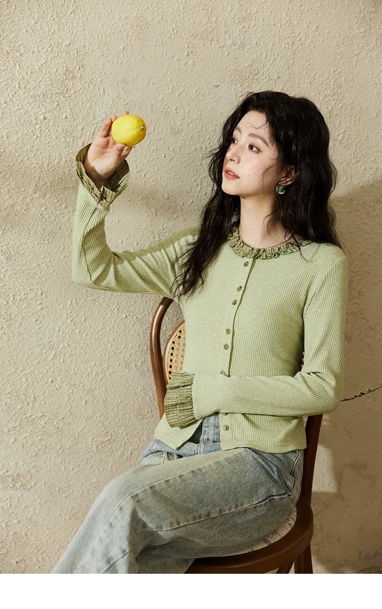 MISHOW Green Plaid Knitted Top 2025 Spring Lotus Leaf Sleeves Tees Slim Long Sleeve Curled Collar Single Breasted Top MXE14Z1152