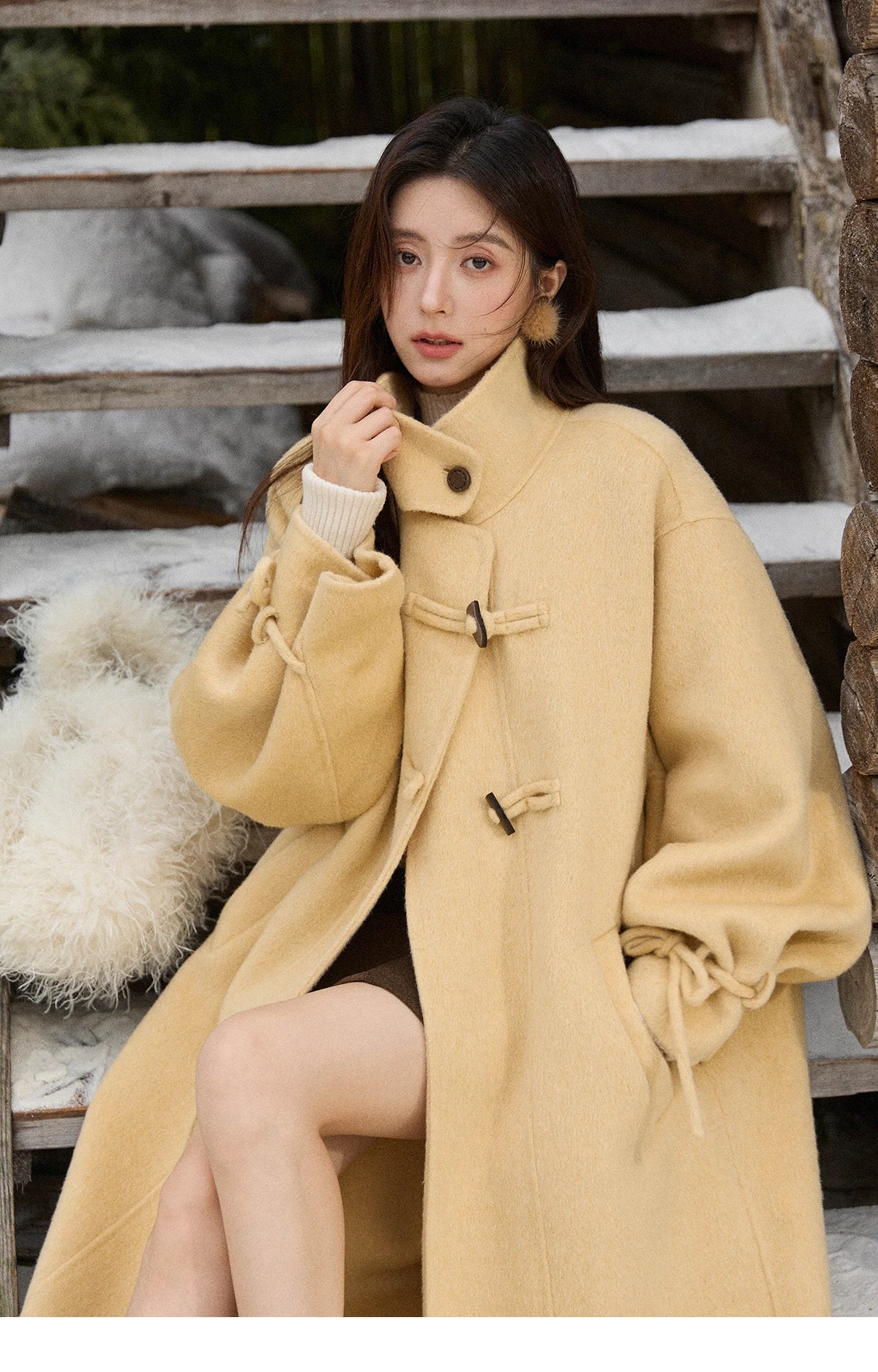 MISHOW Women's Long Coats 2025 Winter Yellow Double-faced 100% Wool Coat Windproof Lantern Sleeve Turtleneck Coat MXE51W0902