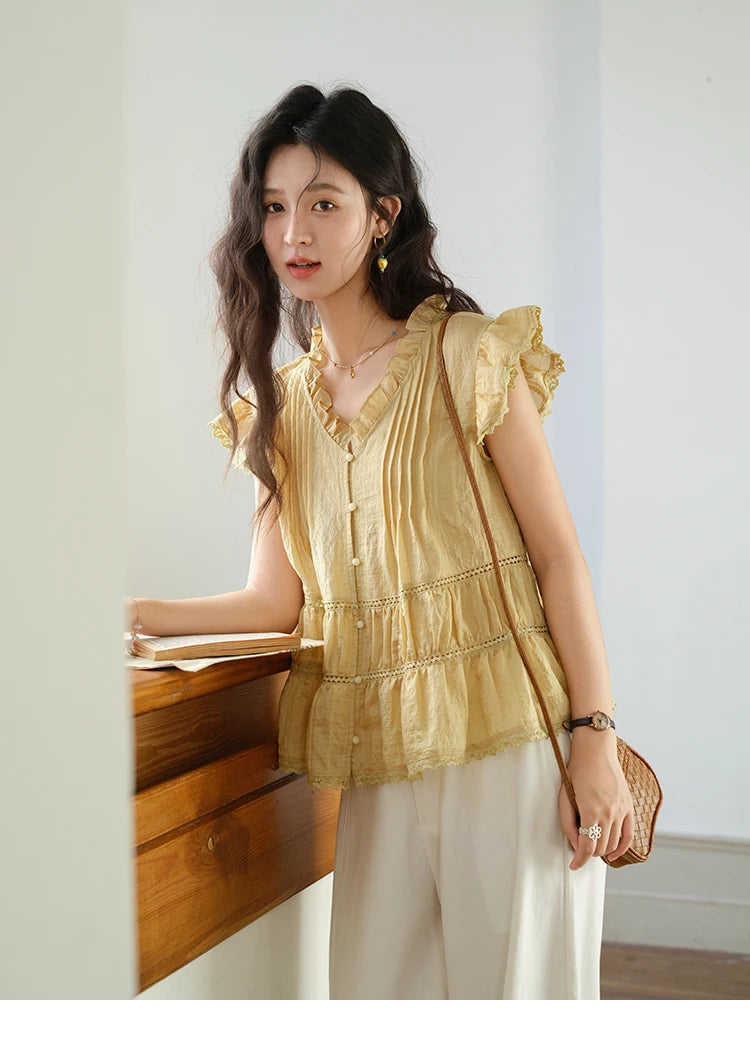 MISHOW Women's Summer Shirt 2025 New Wood Ear V-neck Flying Sleeve Shirt Casual Wrinkle Spliced Button Ladies Top MXE37X1908