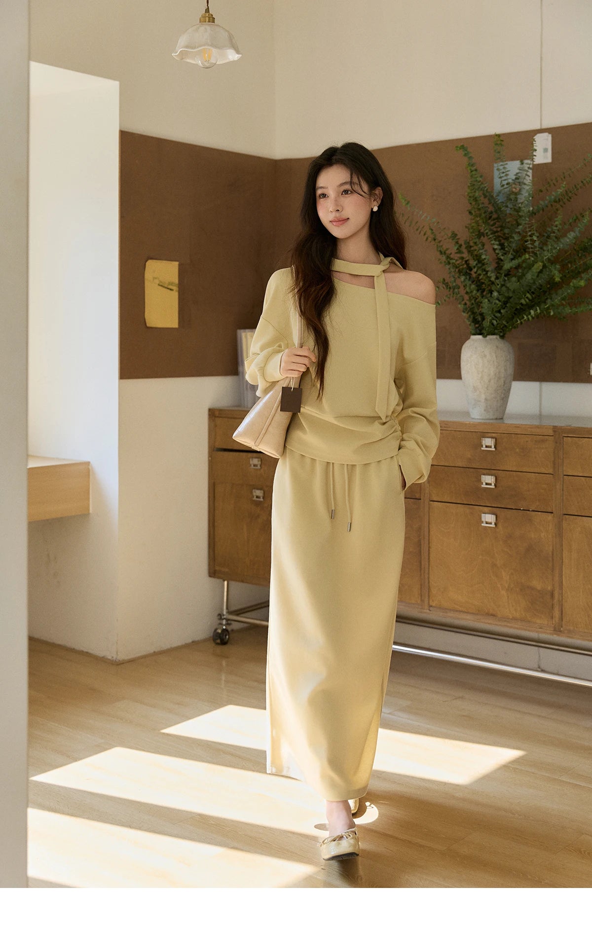 MISHOW Women's Light Yellow Two-Piece Set Asymmetrical Off-shoulder Pullover Top Rear Fork Midi Skirt Set with Ribbon MXE11T1489